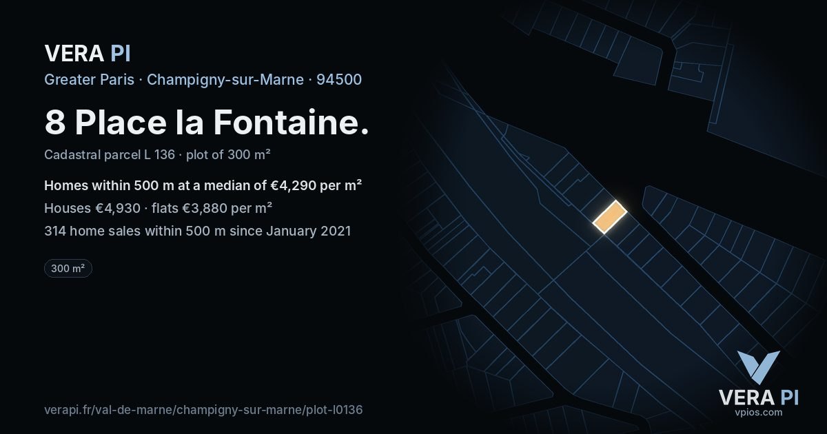 8 Place la Fontaine, Champigny-sur-Marne at night – the plot lit, the parcels around coloured by the prices near them