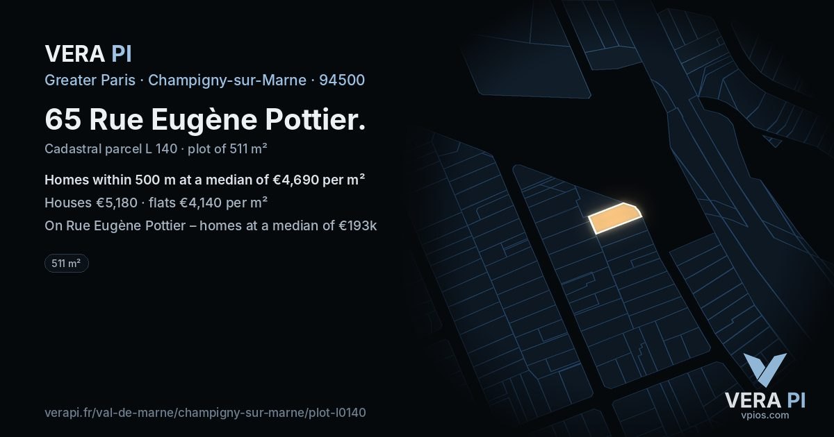 65 Rue Eugène Pottier, Champigny-sur-Marne at night – the plot lit, the parcels around coloured by the prices near them