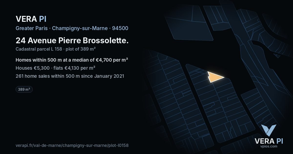 24 Avenue Pierre Brossolette, Champigny-sur-Marne at night – the plot lit, the parcels around coloured by the prices near them