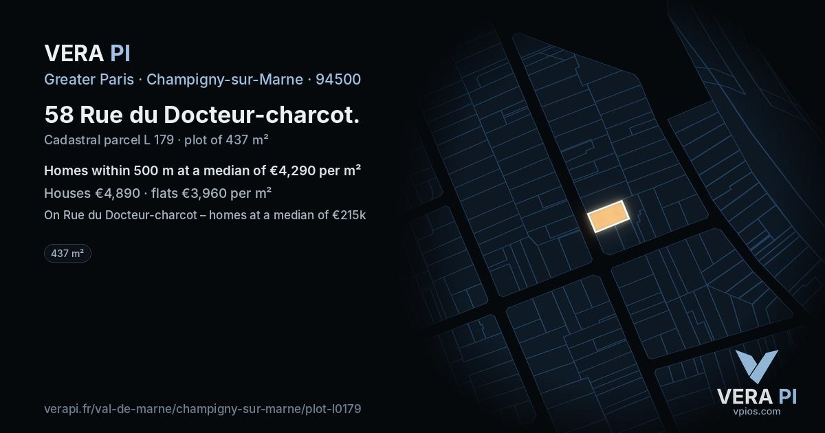 58 Rue du Docteur-charcot, Champigny-sur-Marne at night – the plot lit, the parcels around coloured by the prices near them