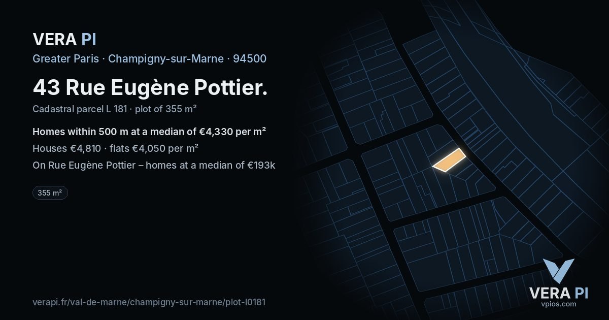 43 Rue Eugène Pottier, Champigny-sur-Marne at night – the plot lit, the parcels around coloured by the prices near them