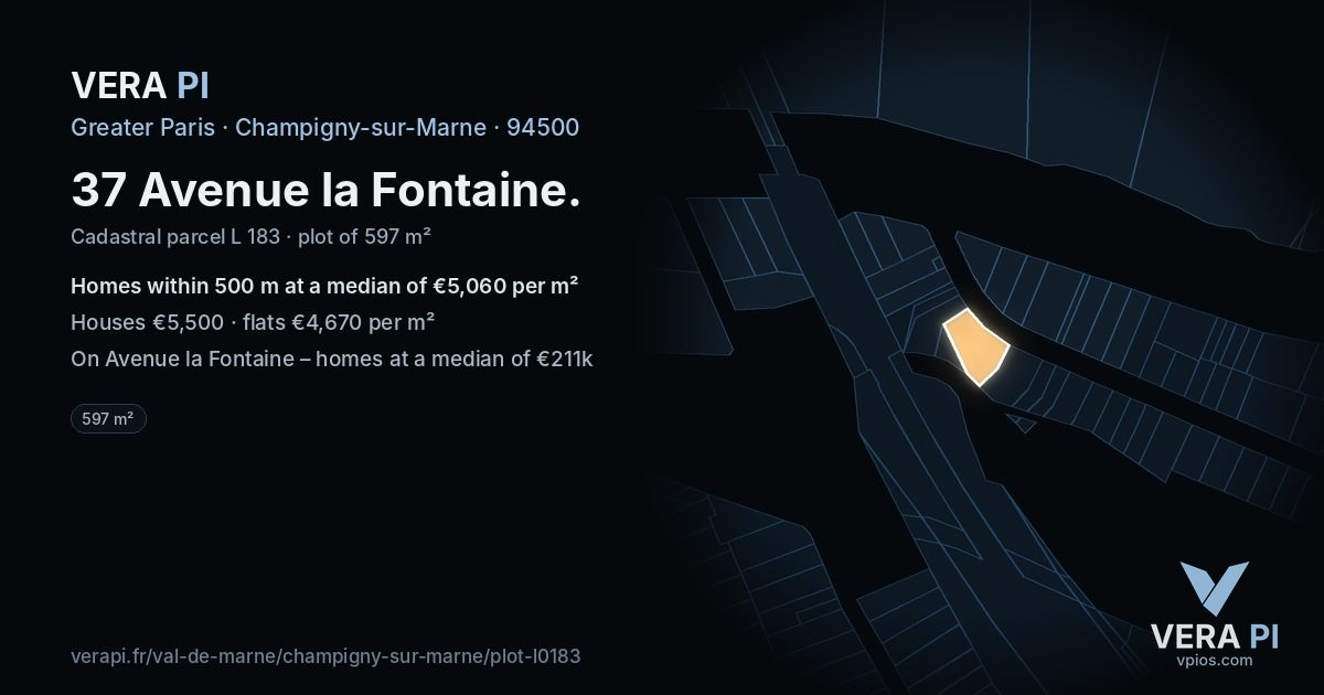 37 Avenue la Fontaine, Champigny-sur-Marne at night – the plot lit, the parcels around coloured by the prices near them