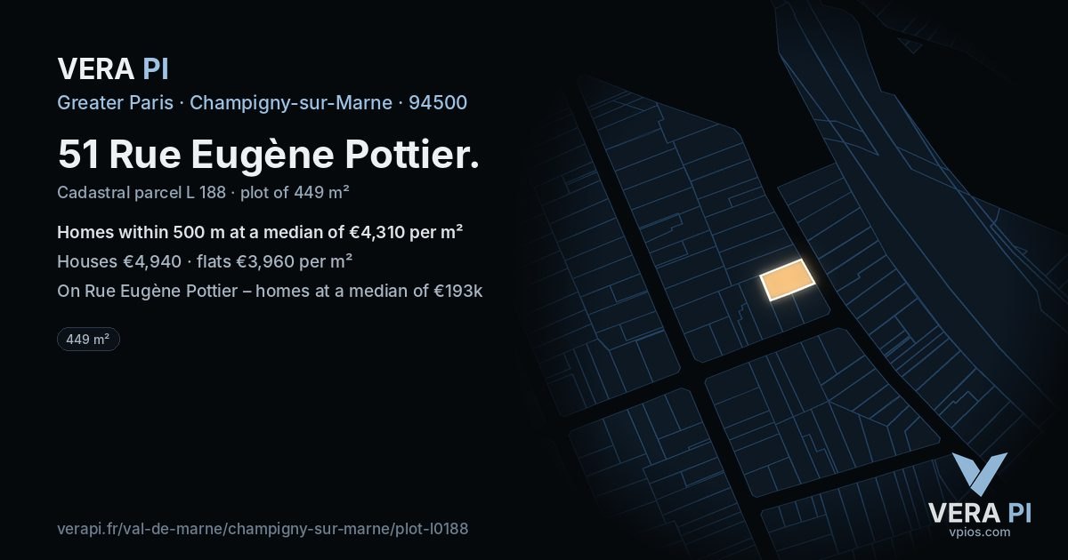 51 Rue Eugène Pottier, Champigny-sur-Marne at night – the plot lit, the parcels around coloured by the prices near them