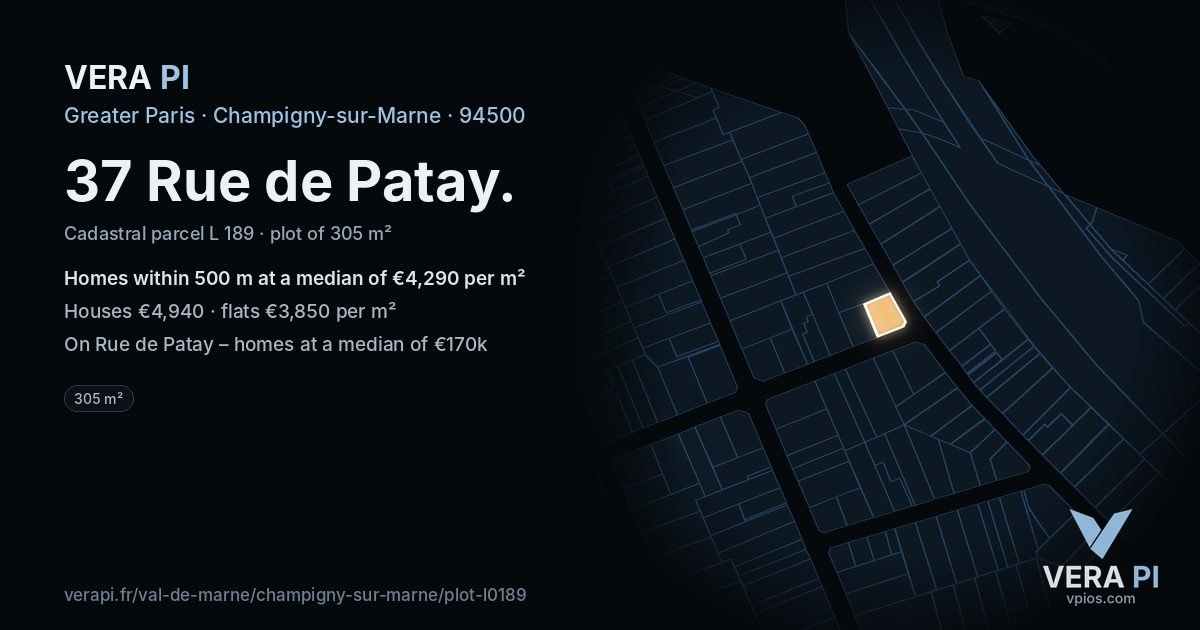 37 Rue de Patay, Champigny-sur-Marne at night – the plot lit, the parcels around coloured by the prices near them