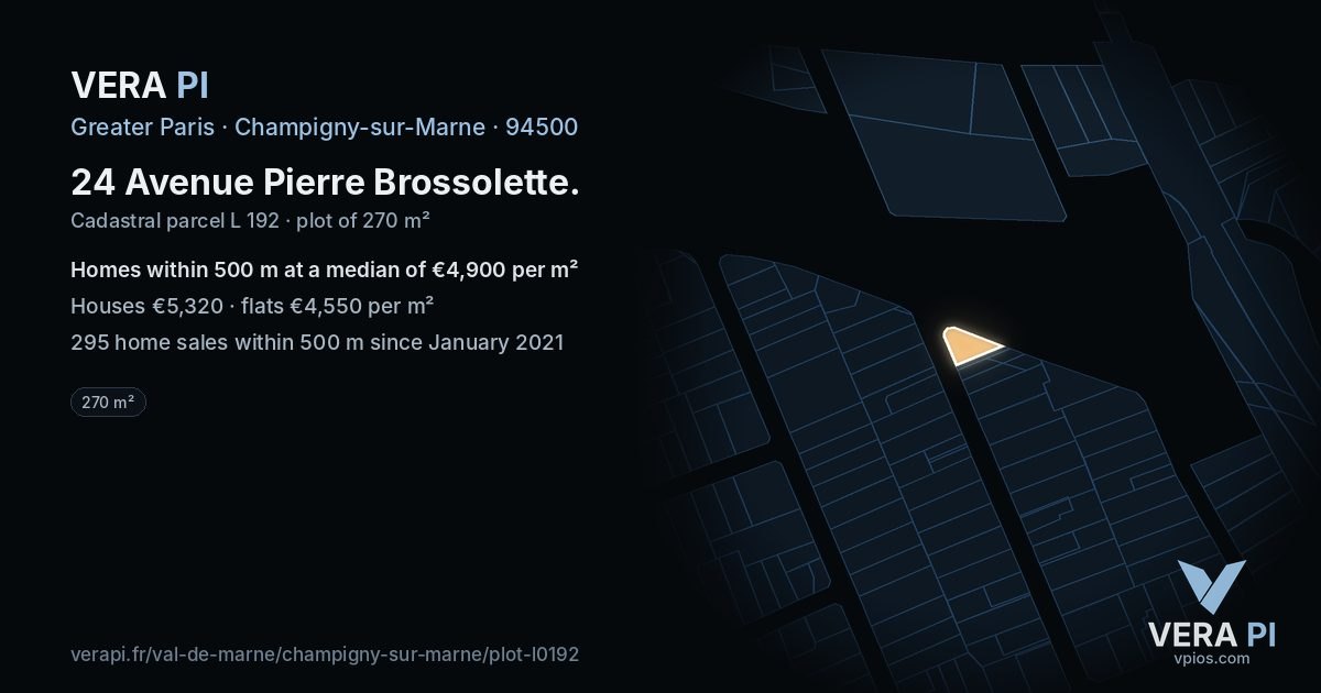 24 Avenue Pierre Brossolette, Champigny-sur-Marne at night – the plot lit, the parcels around coloured by the prices near them