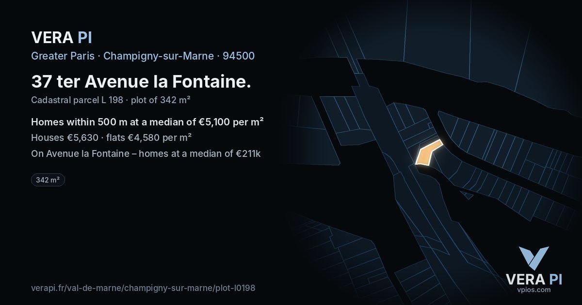 37 ter Avenue la Fontaine, Champigny-sur-Marne at night – the plot lit, the parcels around coloured by the prices near them
