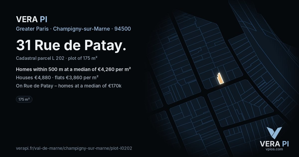31 Rue de Patay, Champigny-sur-Marne at night – the plot lit, the parcels around coloured by the prices near them
