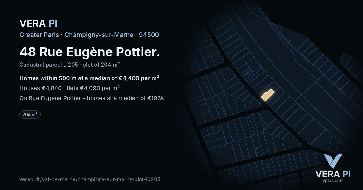 48 Rue Eugène Pottier, Champigny-sur-Marne at night – the plot lit, the parcels around coloured by the prices near them