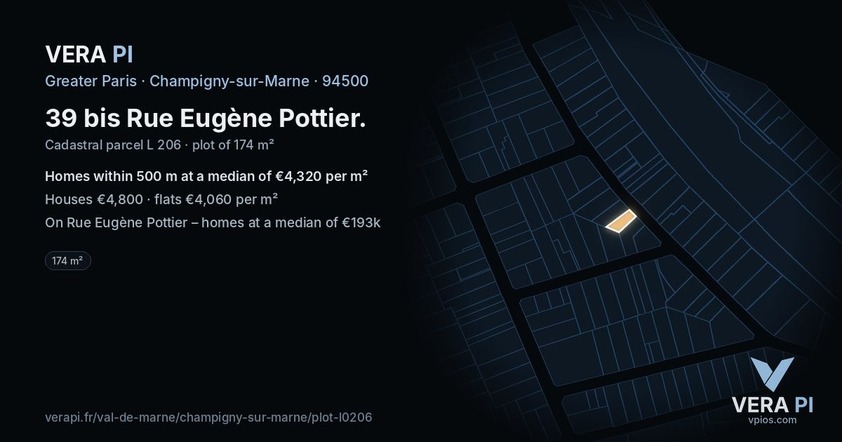 39 bis Rue Eugène Pottier, Champigny-sur-Marne at night – the plot lit, the parcels around coloured by the prices near them