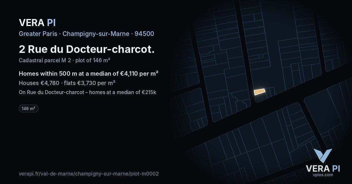 2 Rue du Docteur-charcot, Champigny-sur-Marne at night – the plot lit, the parcels around coloured by the prices near them