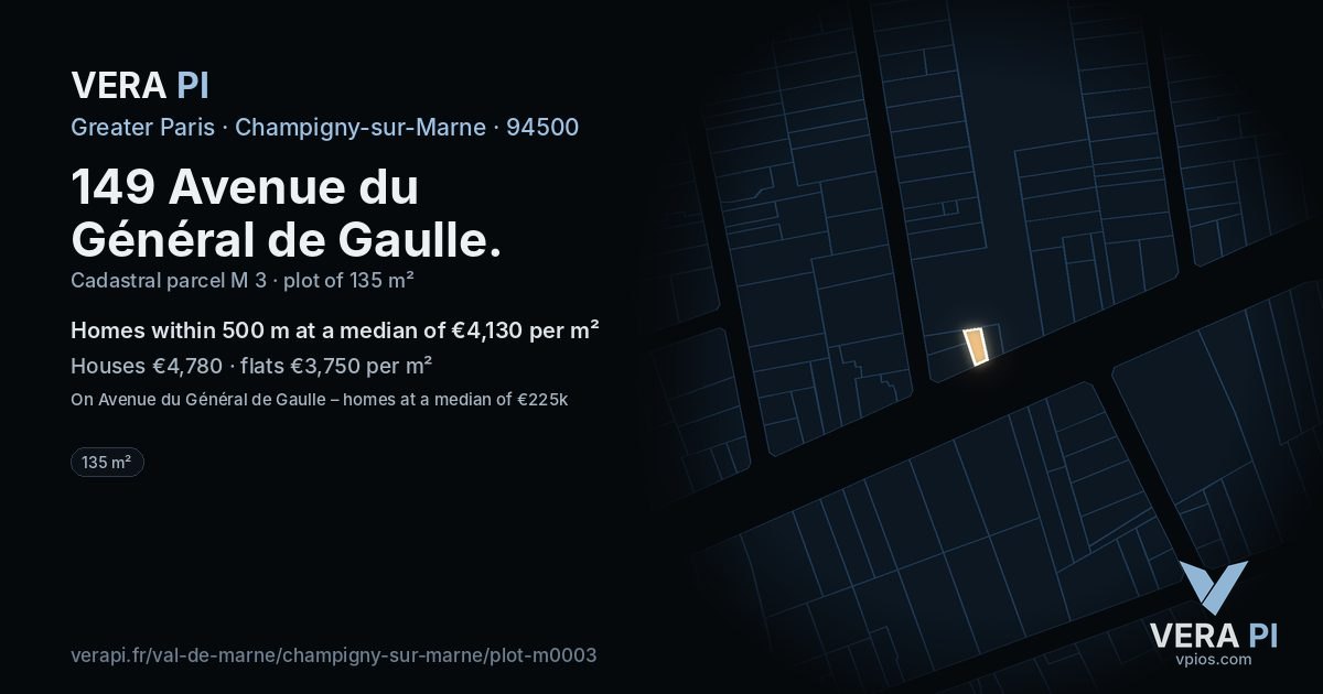 149 Avenue du Général de Gaulle, Champigny-sur-Marne at night – the plot lit, the parcels around coloured by the prices near them