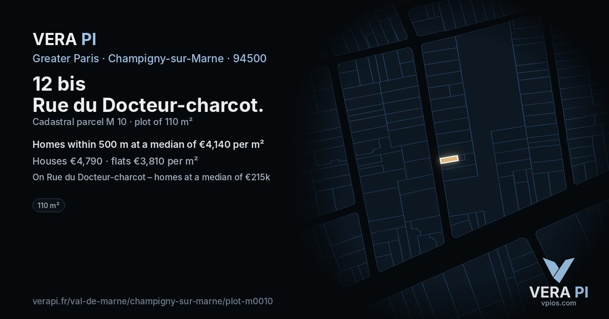 12 bis Rue du Docteur-charcot, Champigny-sur-Marne at night – the plot lit, the parcels around coloured by the prices near them