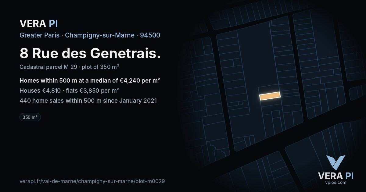 8 Rue des Genetrais, Champigny-sur-Marne at night – the plot lit, the parcels around coloured by the prices near them