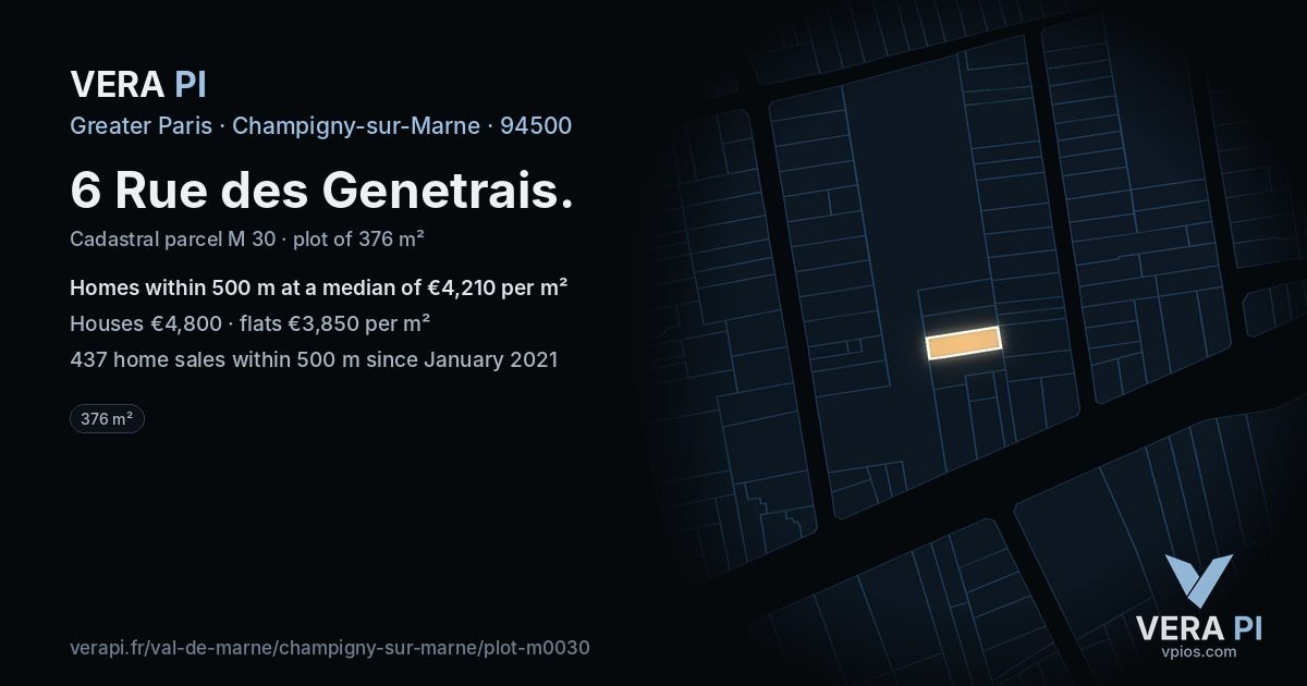 6 Rue des Genetrais, Champigny-sur-Marne at night – the plot lit, the parcels around coloured by the prices near them