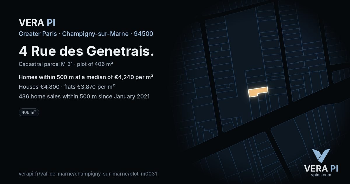 4 Rue des Genetrais, Champigny-sur-Marne at night – the plot lit, the parcels around coloured by the prices near them