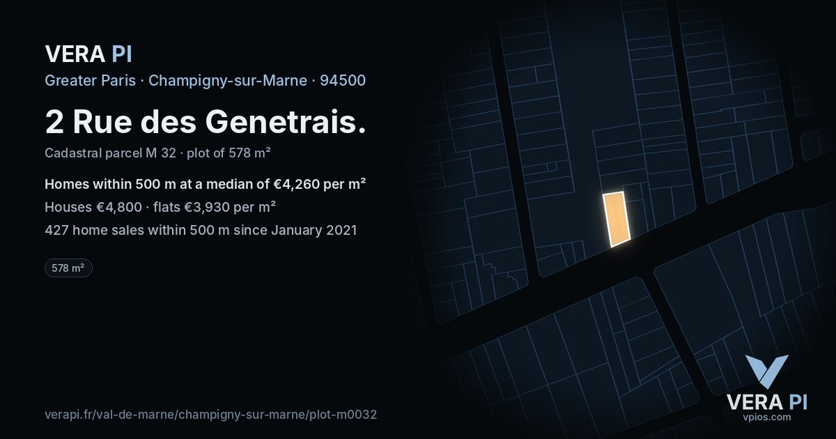2 Rue des Genetrais, Champigny-sur-Marne at night – the plot lit, the parcels around coloured by the prices near them