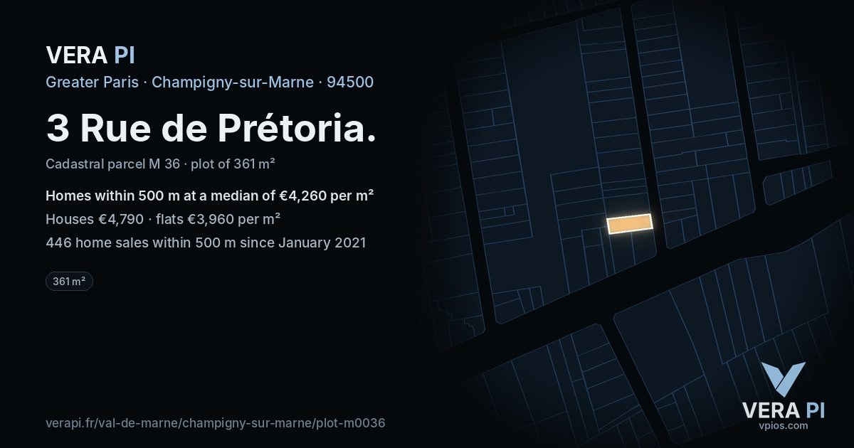 3 Rue de Prétoria, Champigny-sur-Marne at night – the plot lit, the parcels around coloured by the prices near them