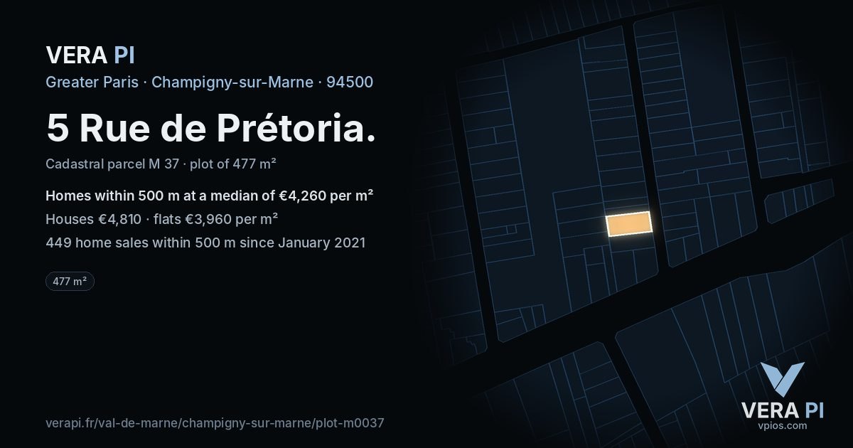 5 Rue de Prétoria, Champigny-sur-Marne at night – the plot lit, the parcels around coloured by the prices near them