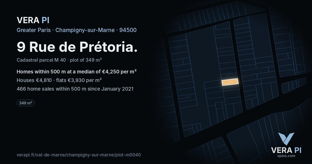 9 Rue de Prétoria, Champigny-sur-Marne at night – the plot lit, the parcels around coloured by the prices near them