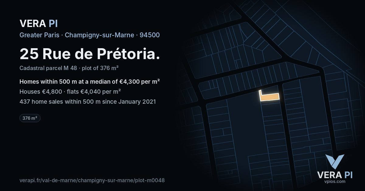 25 Rue de Prétoria, Champigny-sur-Marne at night – the plot lit, the parcels around coloured by the prices near them