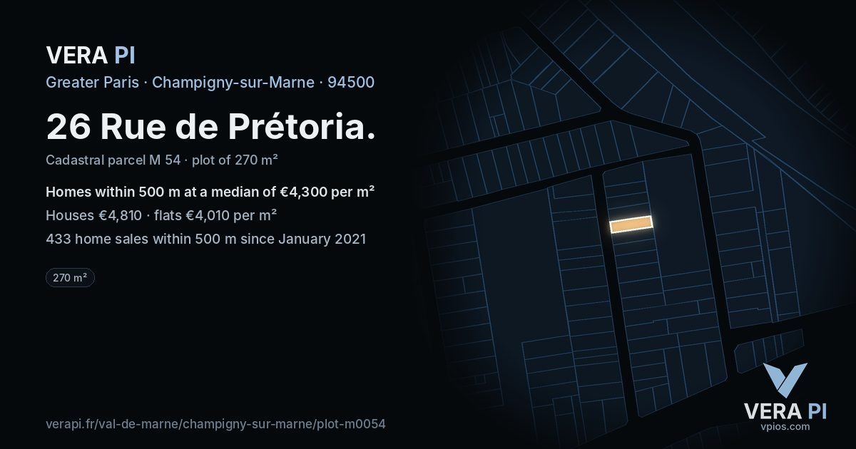 26 Rue de Prétoria, Champigny-sur-Marne at night – the plot lit, the parcels around coloured by the prices near them