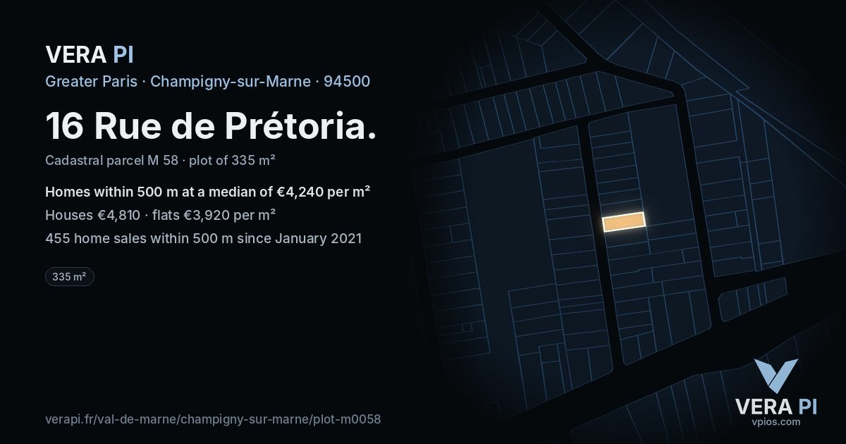 16 Rue de Prétoria, Champigny-sur-Marne at night – the plot lit, the parcels around coloured by the prices near them