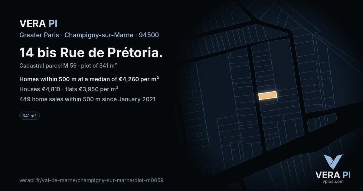 14 bis Rue de Prétoria, Champigny-sur-Marne at night – the plot lit, the parcels around coloured by the prices near them