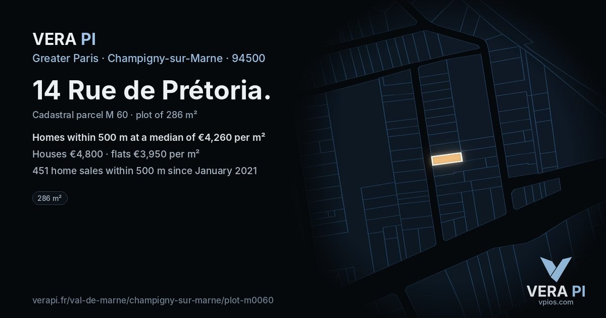 14 Rue de Prétoria, Champigny-sur-Marne at night – the plot lit, the parcels around coloured by the prices near them