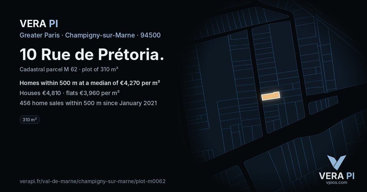 10 Rue de Prétoria, Champigny-sur-Marne at night – the plot lit, the parcels around coloured by the prices near them