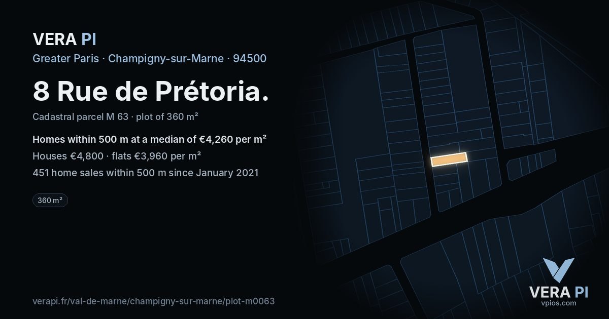 8 Rue de Prétoria, Champigny-sur-Marne at night – the plot lit, the parcels around coloured by the prices near them