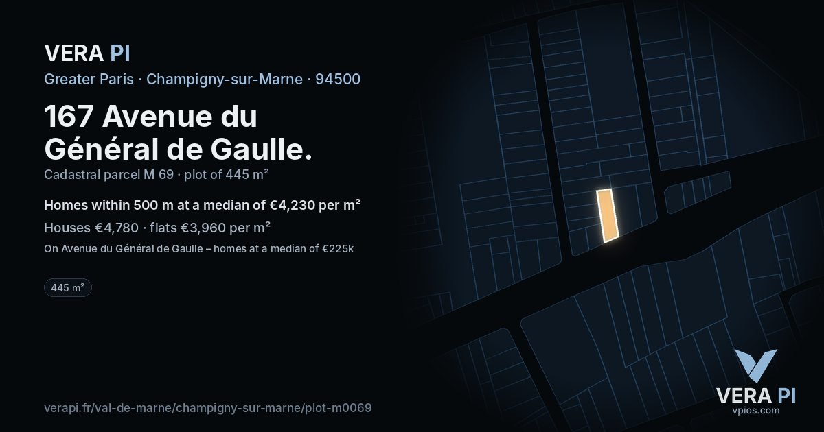 167 Avenue du Général de Gaulle, Champigny-sur-Marne at night – the plot lit, the parcels around coloured by the prices near them