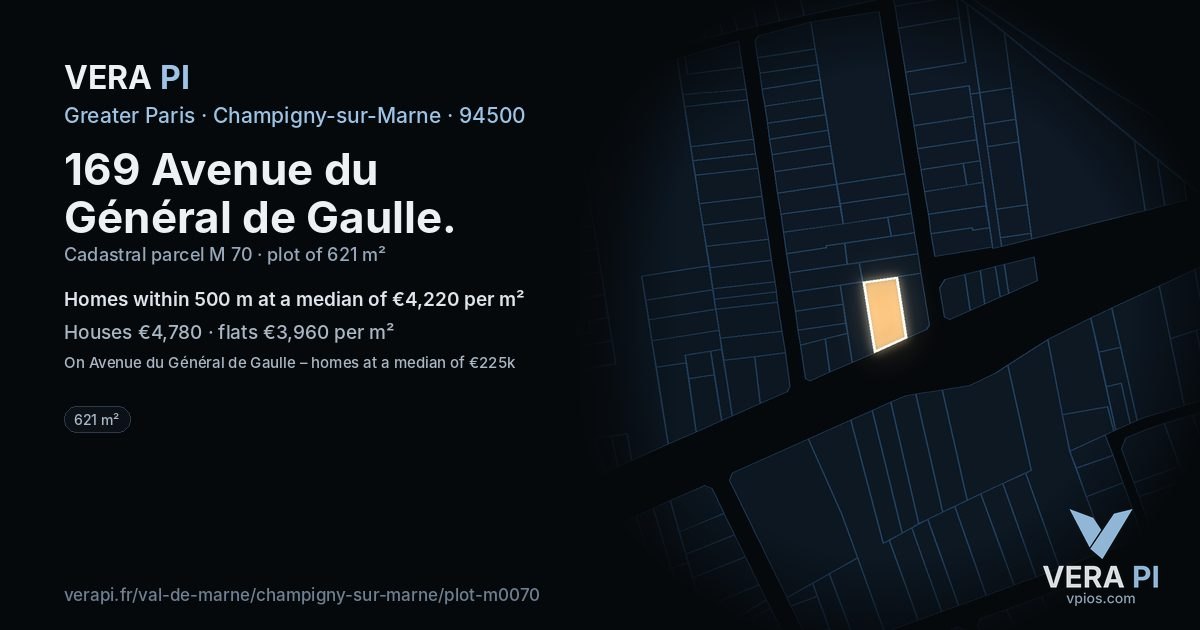 169 Avenue du Général de Gaulle, Champigny-sur-Marne at night – the plot lit, the parcels around coloured by the prices near them