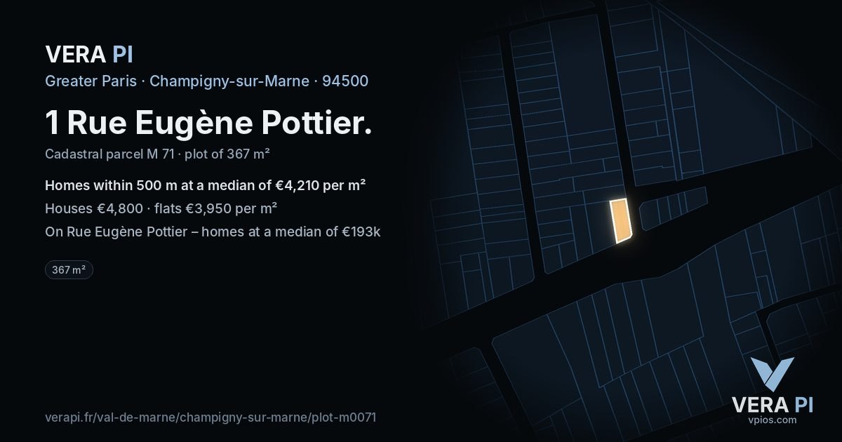 1 Rue Eugène Pottier, Champigny-sur-Marne at night – the plot lit, the parcels around coloured by the prices near them