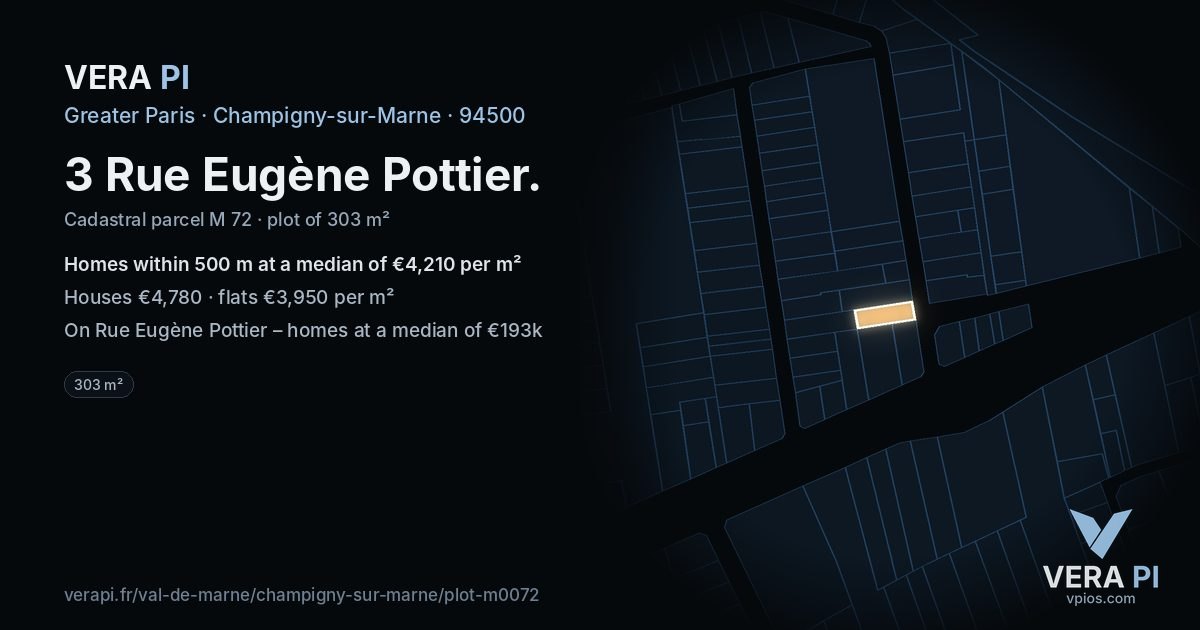 3 Rue Eugène Pottier, Champigny-sur-Marne at night – the plot lit, the parcels around coloured by the prices near them