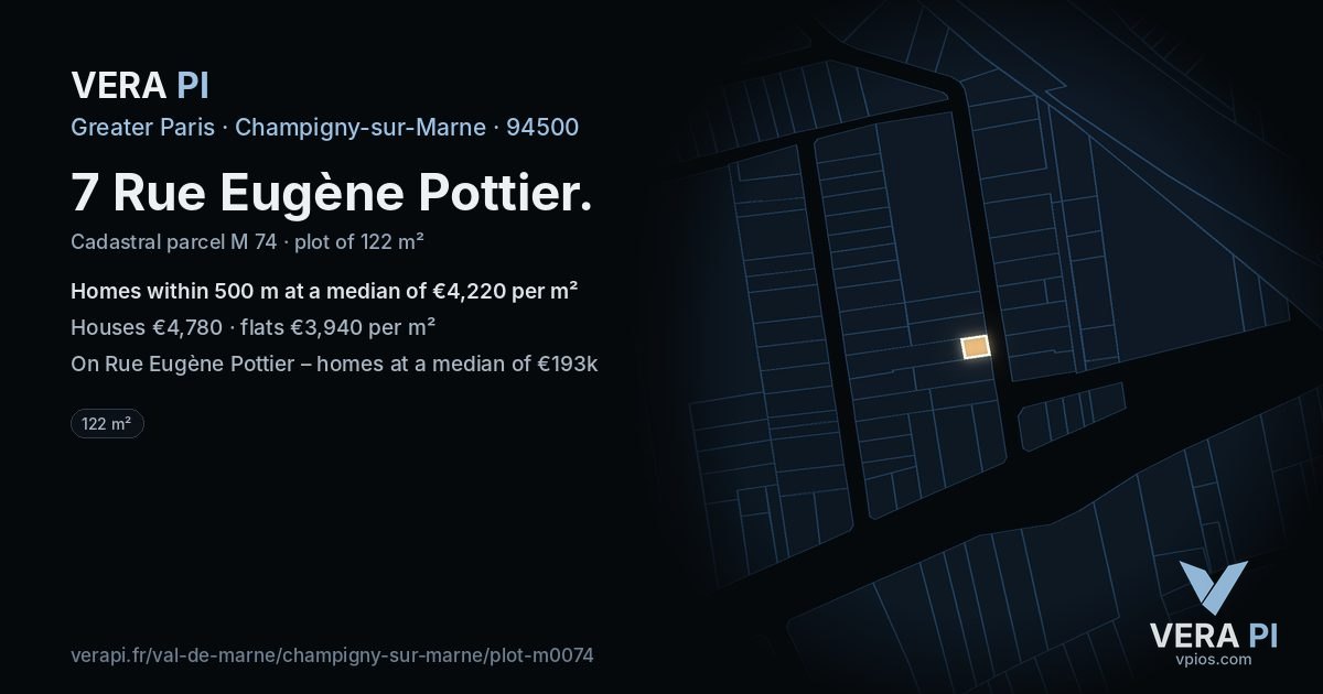 7 Rue Eugène Pottier, Champigny-sur-Marne at night – the plot lit, the parcels around coloured by the prices near them