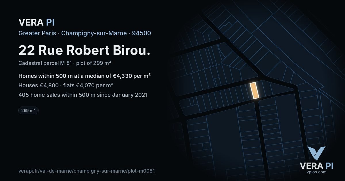 22 Rue Robert Birou, Champigny-sur-Marne at night – the plot lit, the parcels around coloured by the prices near them