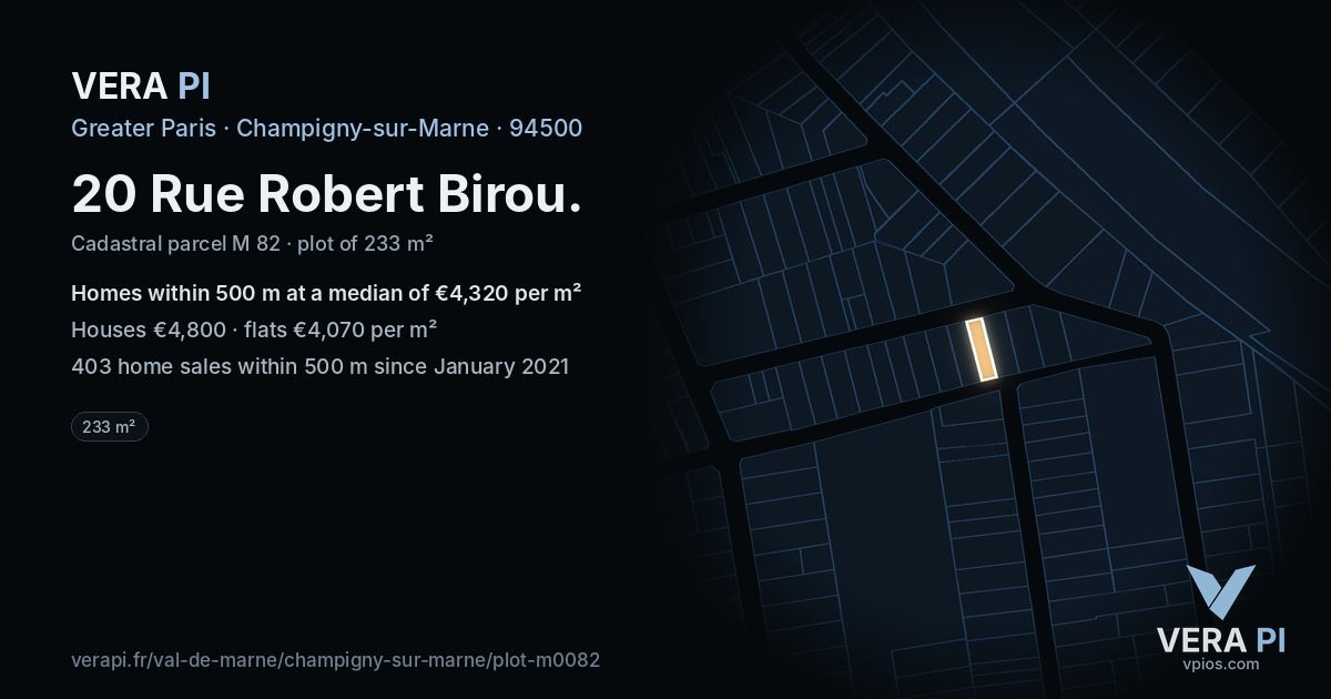 20 Rue Robert Birou, Champigny-sur-Marne at night – the plot lit, the parcels around coloured by the prices near them