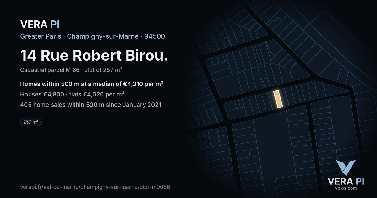 14 Rue Robert Birou, Champigny-sur-Marne at night – the plot lit, the parcels around coloured by the prices near them