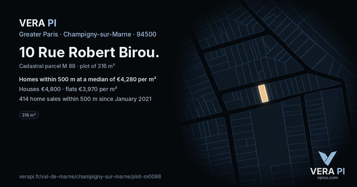 10 Rue Robert Birou, Champigny-sur-Marne at night – the plot lit, the parcels around coloured by the prices near them