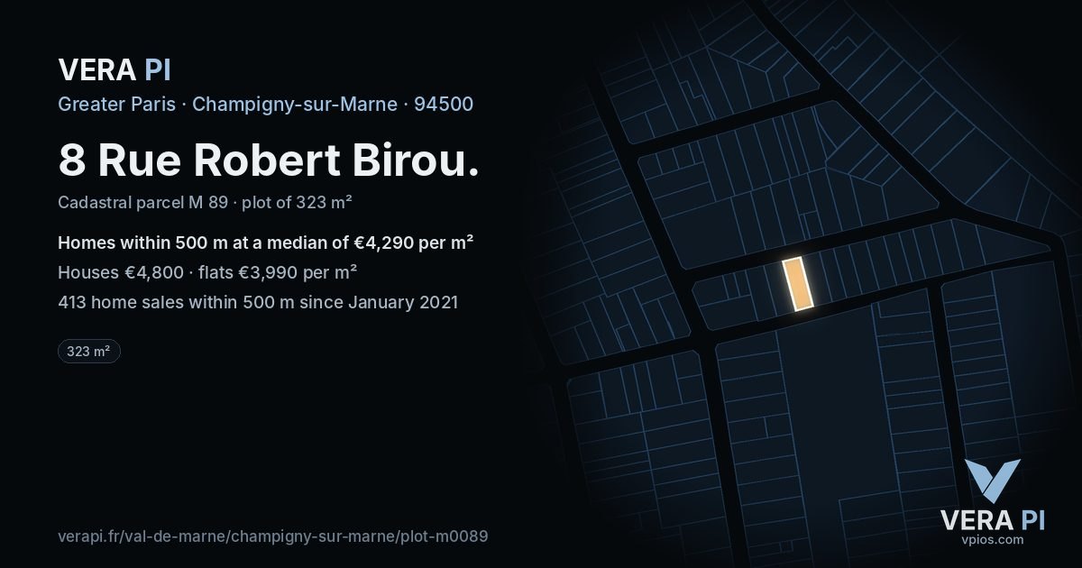 8 Rue Robert Birou, Champigny-sur-Marne at night – the plot lit, the parcels around coloured by the prices near them