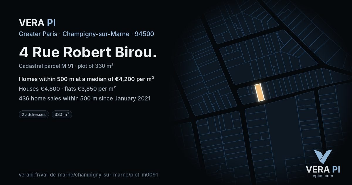 4 Rue Robert Birou, Champigny-sur-Marne at night – the plot lit, the parcels around coloured by the prices near them