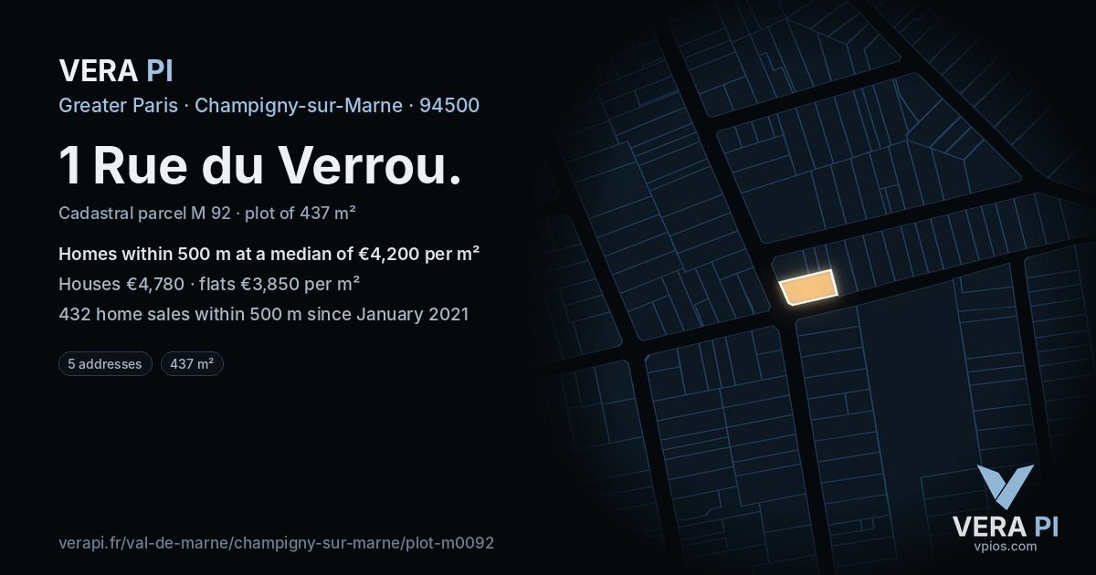 1 Rue du Verrou, Champigny-sur-Marne at night – the plot lit, the parcels around coloured by the prices near them