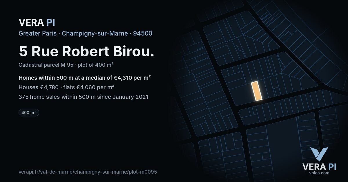 5 Rue Robert Birou, Champigny-sur-Marne at night – the plot lit, the parcels around coloured by the prices near them