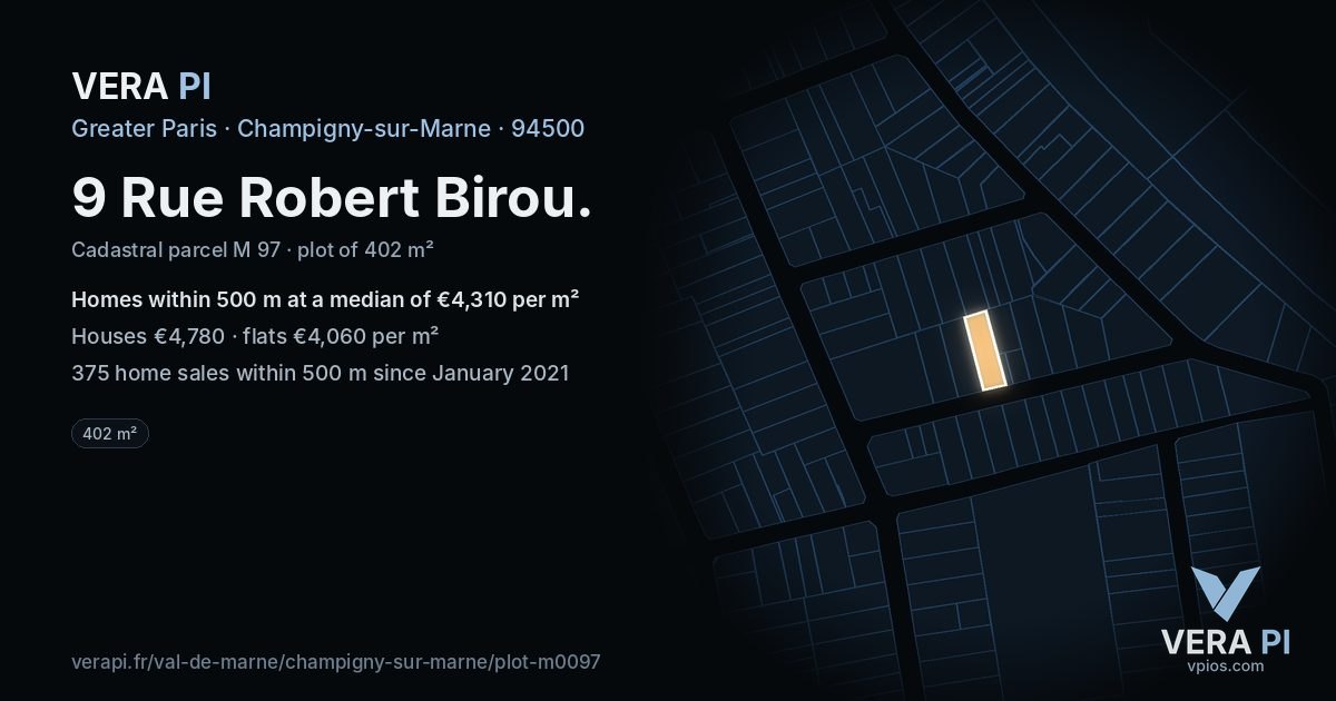 9 Rue Robert Birou, Champigny-sur-Marne at night – the plot lit, the parcels around coloured by the prices near them