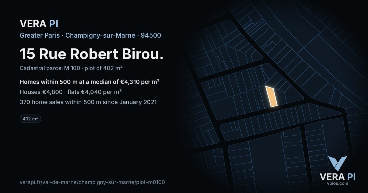 15 Rue Robert Birou, Champigny-sur-Marne at night – the plot lit, the parcels around coloured by the prices near them
