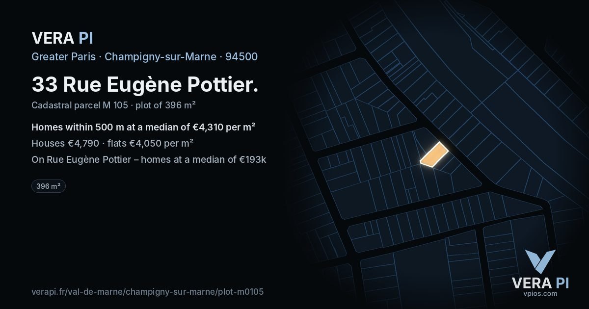 33 Rue Eugène Pottier, Champigny-sur-Marne at night – the plot lit, the parcels around coloured by the prices near them