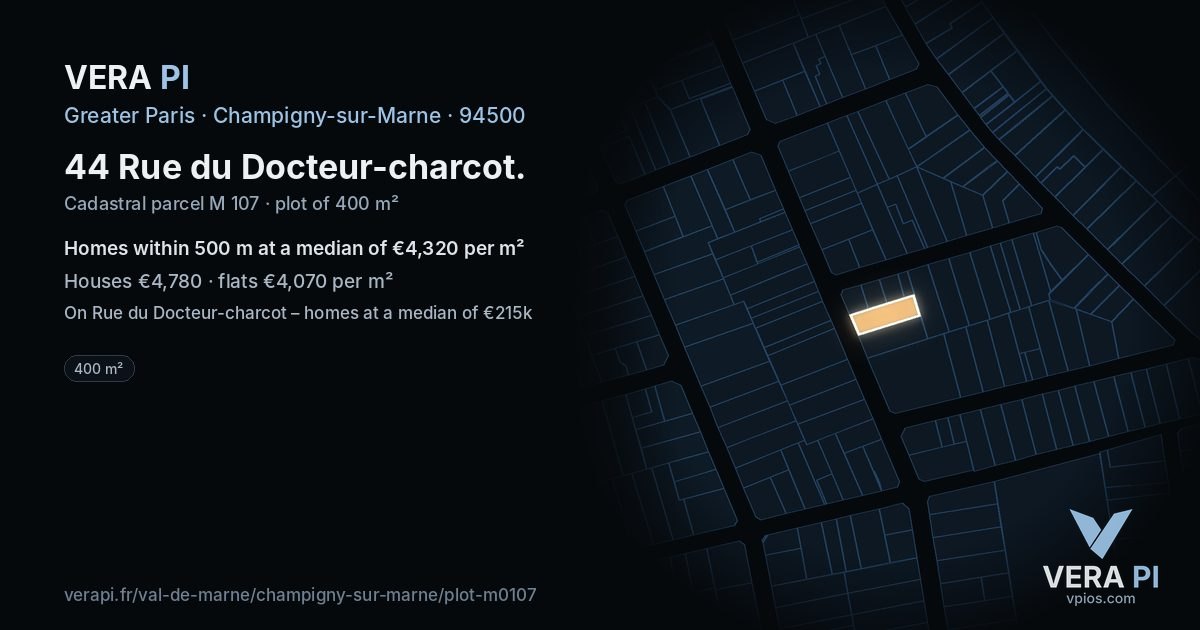 44 Rue du Docteur-charcot, Champigny-sur-Marne at night – the plot lit, the parcels around coloured by the prices near them