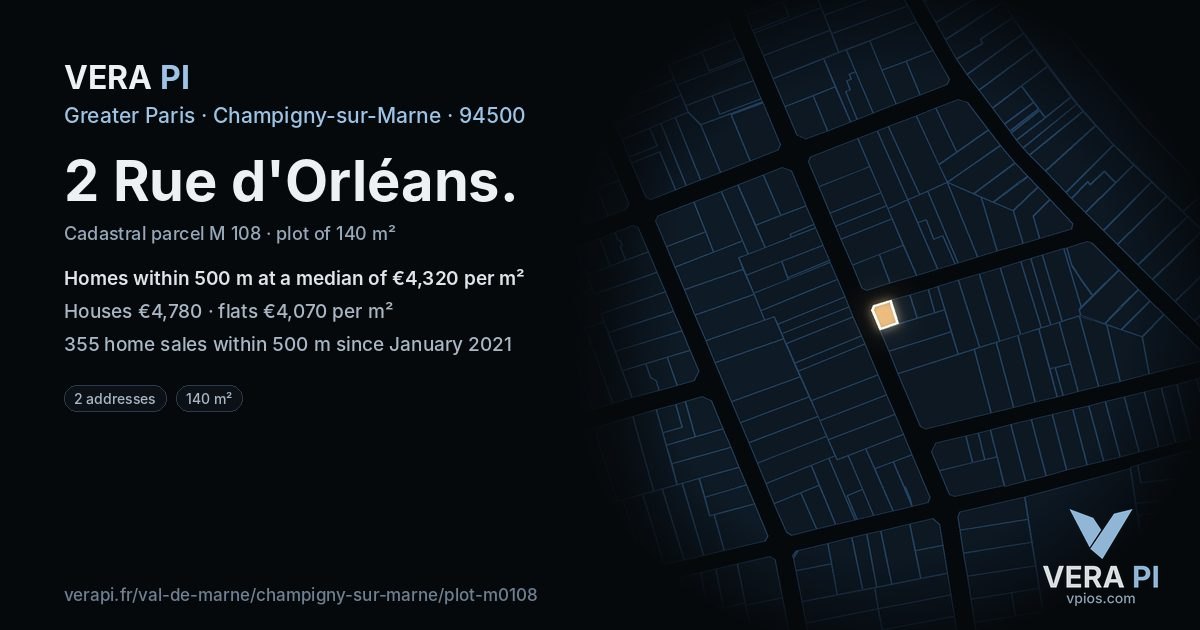 2 Rue d'Orléans, Champigny-sur-Marne at night – the plot lit, the parcels around coloured by the prices near them