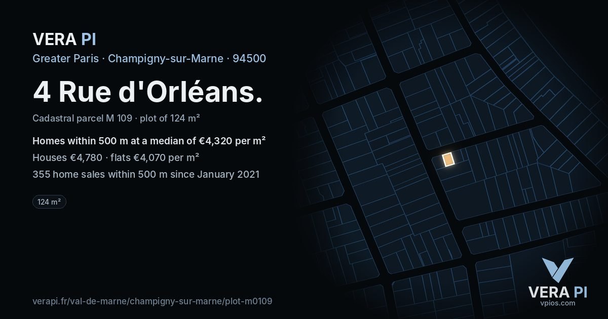 4 Rue d'Orléans, Champigny-sur-Marne at night – the plot lit, the parcels around coloured by the prices near them