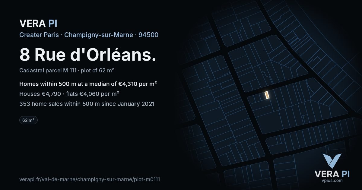 8 Rue d'Orléans, Champigny-sur-Marne at night – the plot lit, the parcels around coloured by the prices near them